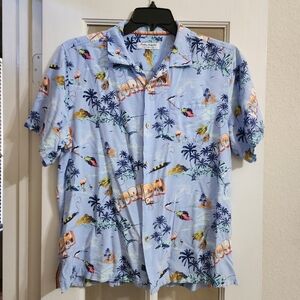 Tommy Bahama EcoVero Florida Camp Shirt Large Blue Tropical Fishing Print